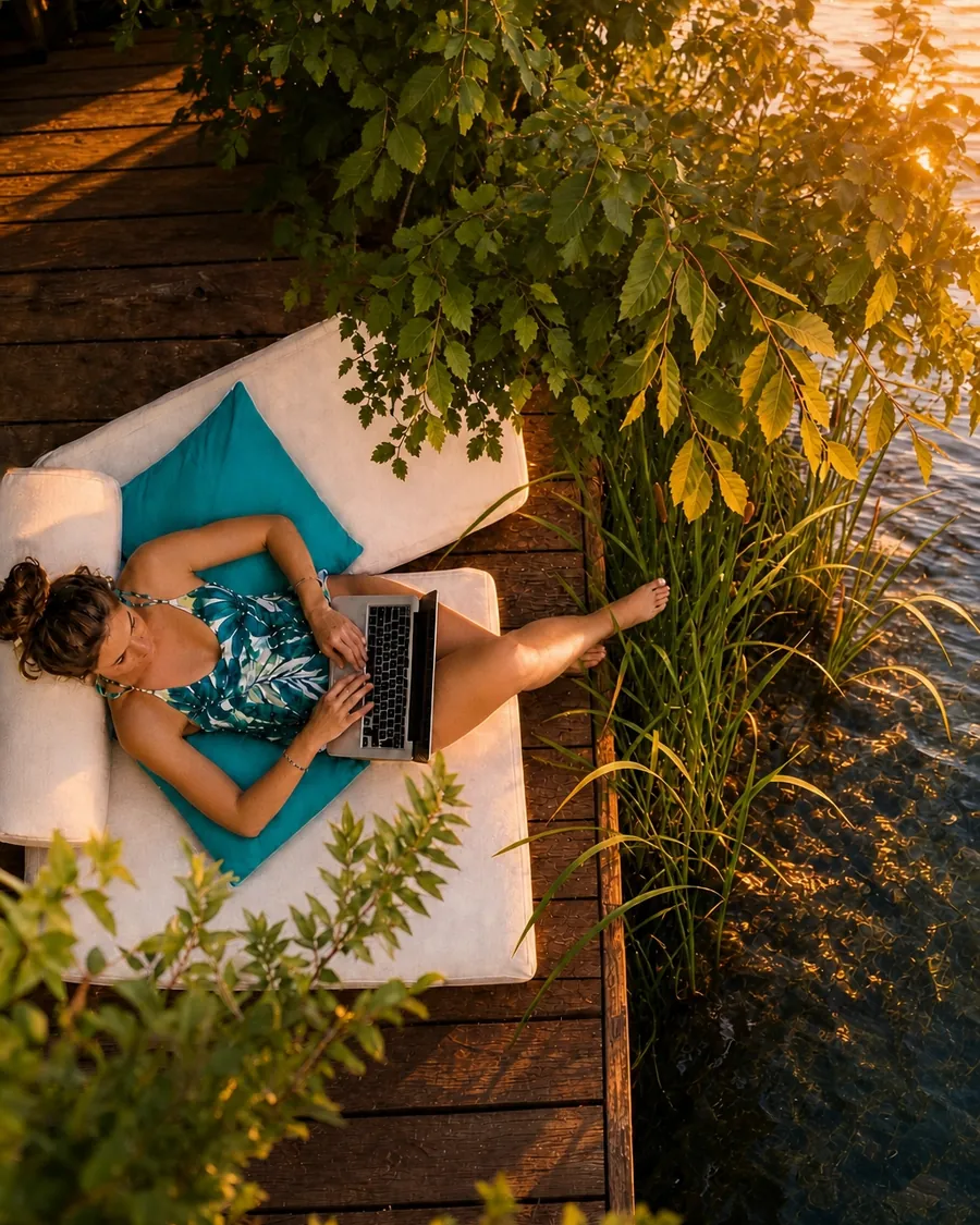 Kobieta pracująca na laptopie na leżaku nad brzegiem jeziora.