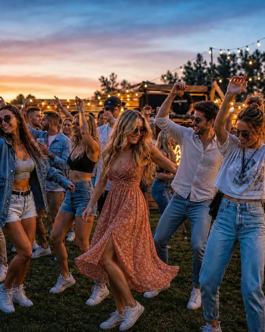 Ludzie bawiący się na festiwalu o zachodzie słońca.