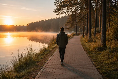 Spacer promenadą nad jeziorem o wschodzie słońca