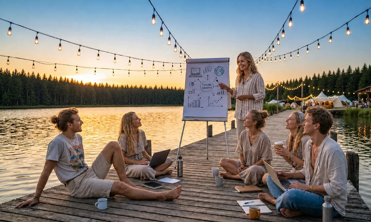 Grupa osób podczas warsztatu na pomoście nad jeziorem — flipchart i girlandy światła.