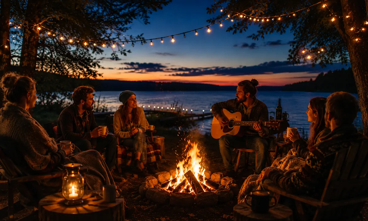 Grupa osób przy ognisku nad jeziorem o zmierzchu, z gitarą i girlandami światła.